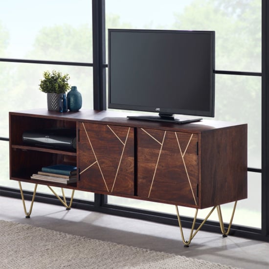 Photo of Chort wooden tv stand in dark walnut with 2 doors 1 shelf