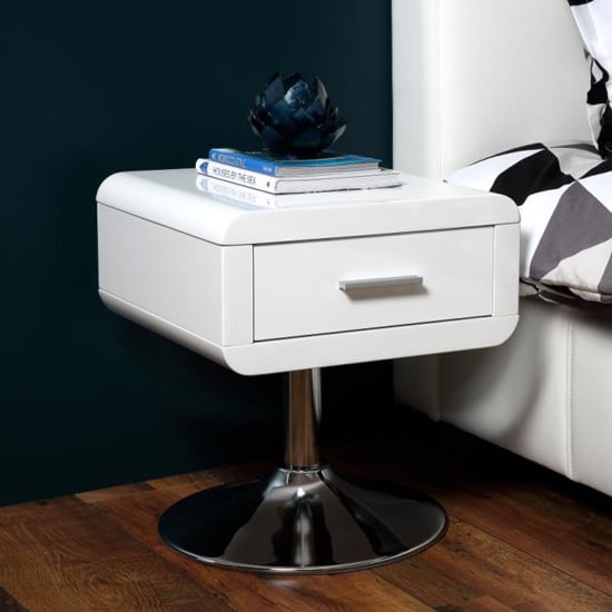 Read more about Christoval high gloss bedside cabinet in white with chrome base