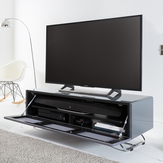 Claude Glass TV Stand In Grey High Gloss With Steel Frame
