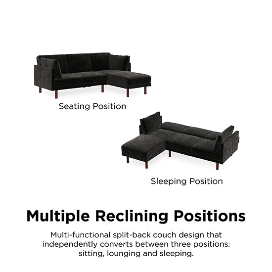 Claire Velvet Sectional Sofa Bed With Dark Wooden Legs In Black