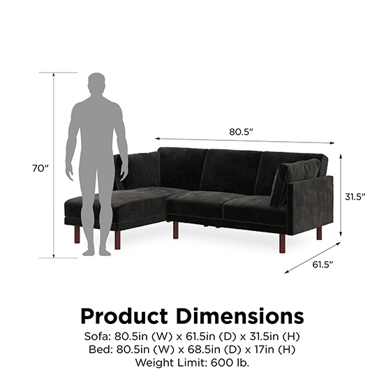 Claire Velvet Sectional Sofa Bed With Dark Wooden Legs In Black