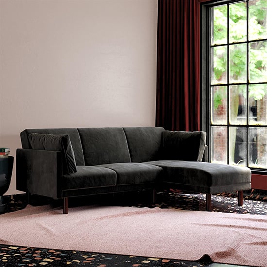 Product photograph of Claire Velvet Sectional Sofa Bed With Dark Wooden Legs In Black from Furniture in Fashion