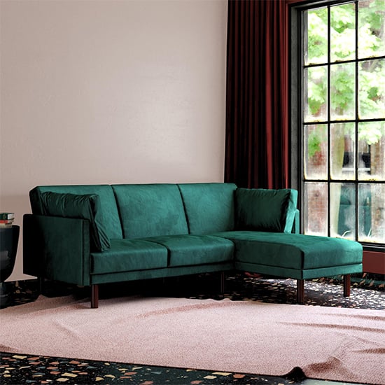Product photograph of Claire Velvet Sectional Sofa Bed With Dark Wooden Legs In Green from Furniture in Fashion