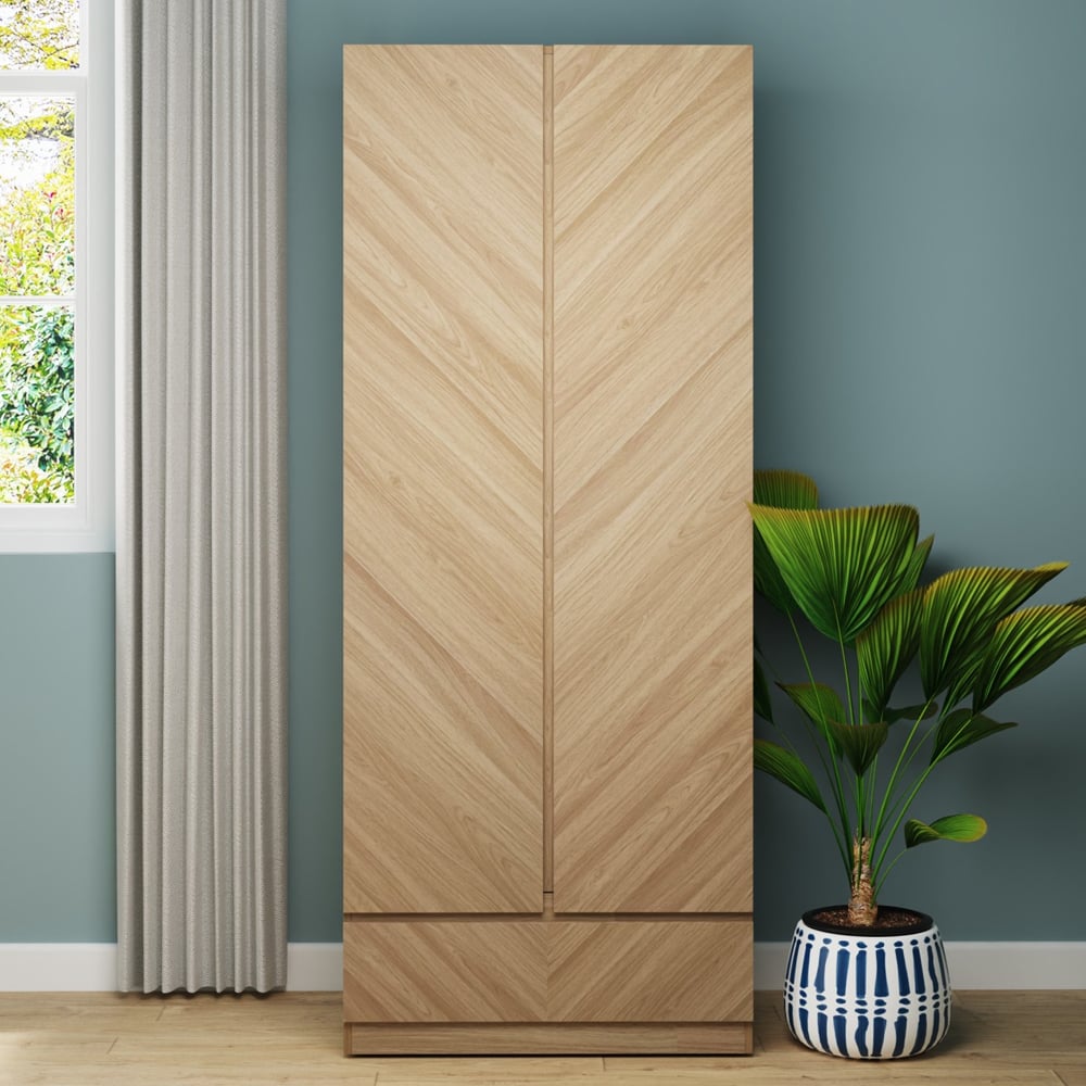 Ciana Wooden Wardrobe With 2 Doors 1 Drawer In Euro Oak