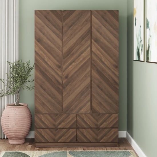 Product photograph of Cianna Wooden Wardrobe With 3 Doors 4 Drawers In Royal Walnut from Furniture in Fashion