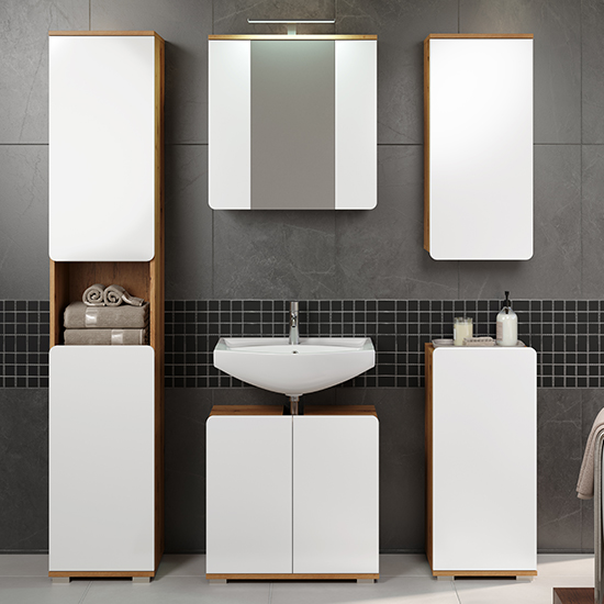 Photo of Ciara led white gloss bathroom furniture set 2 in artisan oak