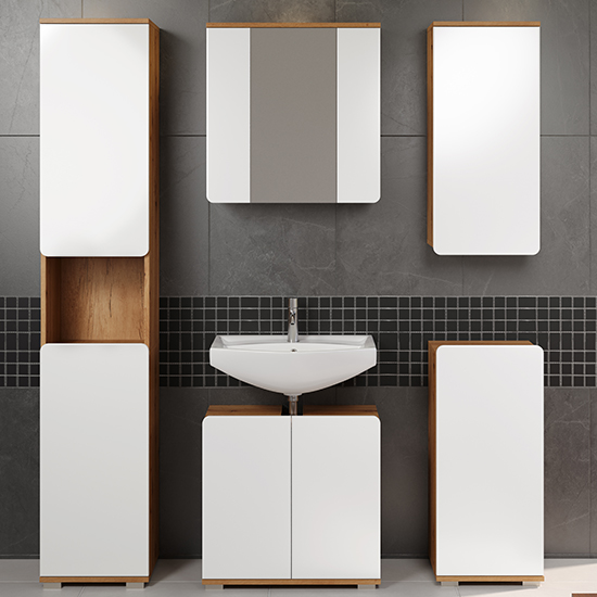 Ciara White Gloss Bathroom Furniture Set 1 In Artisan Oak Furniture