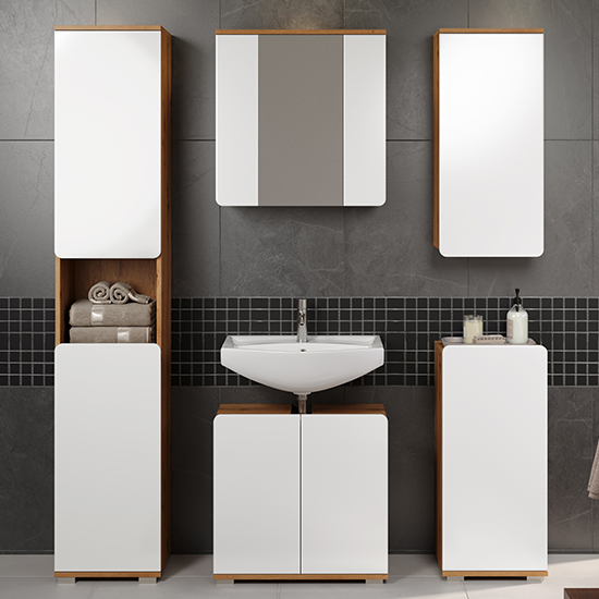 Photo of Ciara white gloss bathroom furniture set 1 in artisan oak