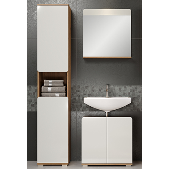 Photo of Ciara white gloss bathroom furniture set 3 in artisan oak