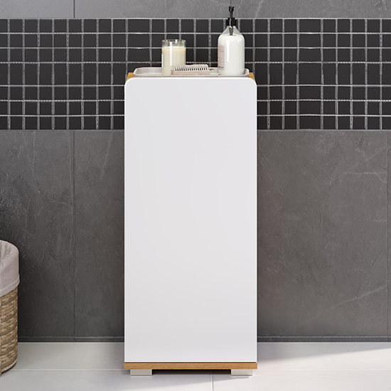 Read more about Ciara white gloss floor bathroom storage cabinet in artisan oak