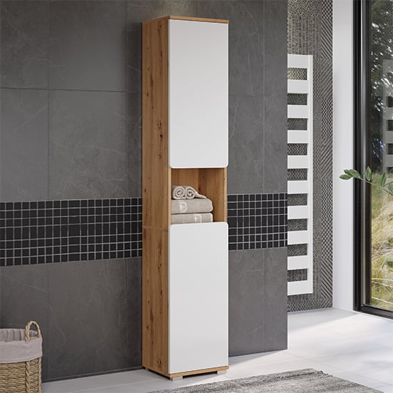 Ciara White Gloss Tall Bathroom Storage Cabinet In Artisan Oak_2