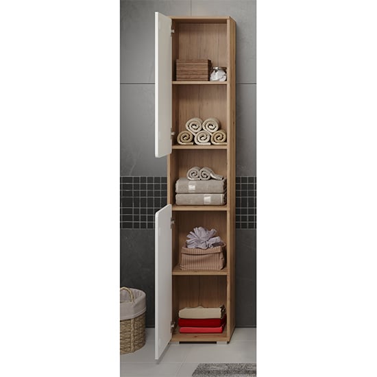 Ciara White Gloss Tall Bathroom Storage Cabinet In Artisan Oak_3
