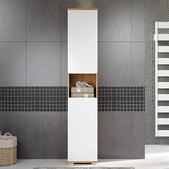 Product photograph of Ciara White Gloss Tall Bathroom Storage Cabinet In Artisan Oak from Furniture in Fashion