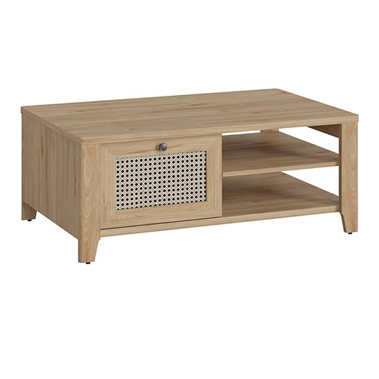 Read more about Cicero coffee table with 1 drawer in oak and rattan effect