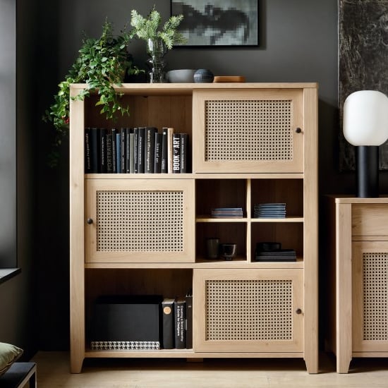 Cicero Highboard With 3 Sliding Door In Oak And Rattan Effect