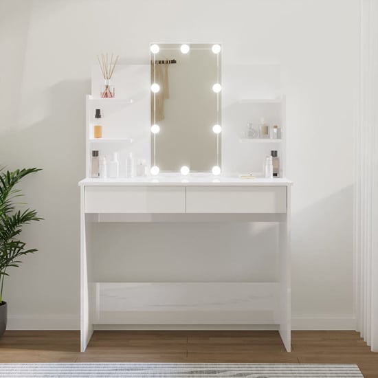 Cielle High Gloss Dressing Table In White With LED Lights_1