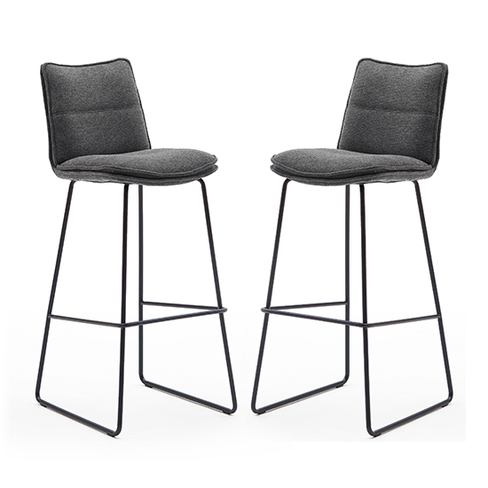 Ciko Anthracite Fabric Bar Stools With Matt Black Legs In Pair