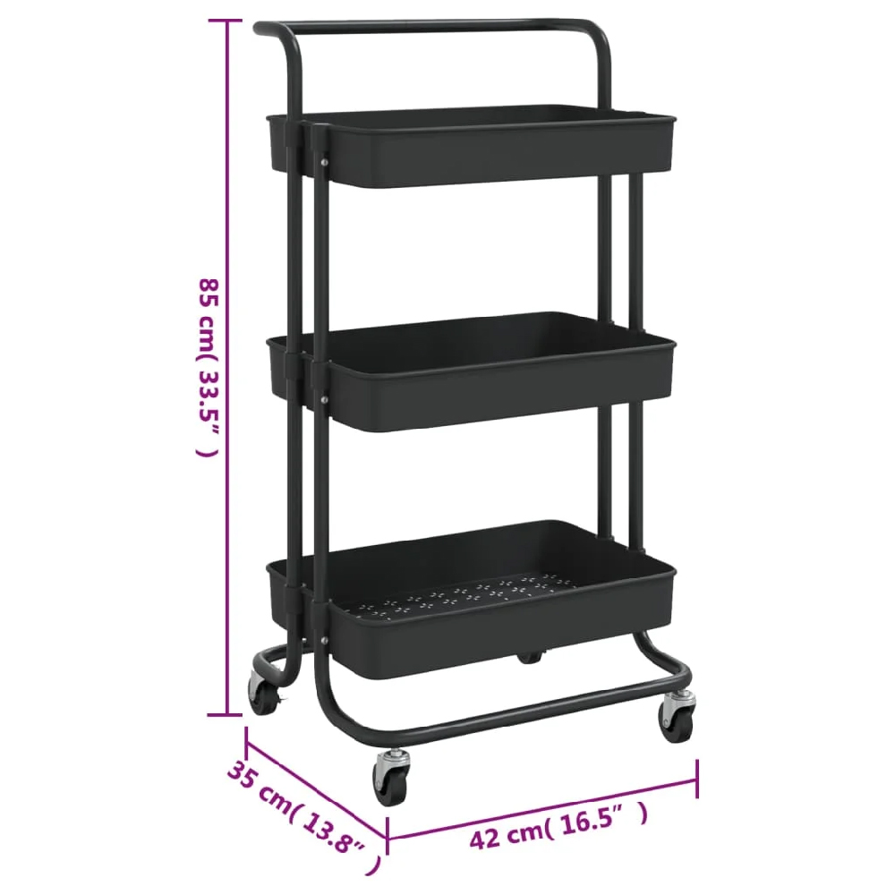 Cincinnati ABS Plastic 3 Tier Kitchen Trolley In Black