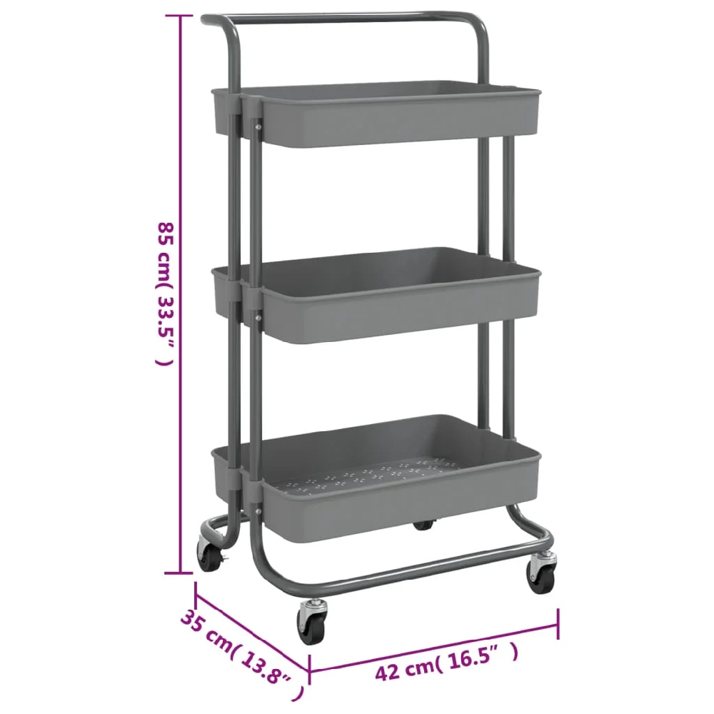 Cincinnati ABS Plastic 3 Tier Kitchen Trolley In Grey