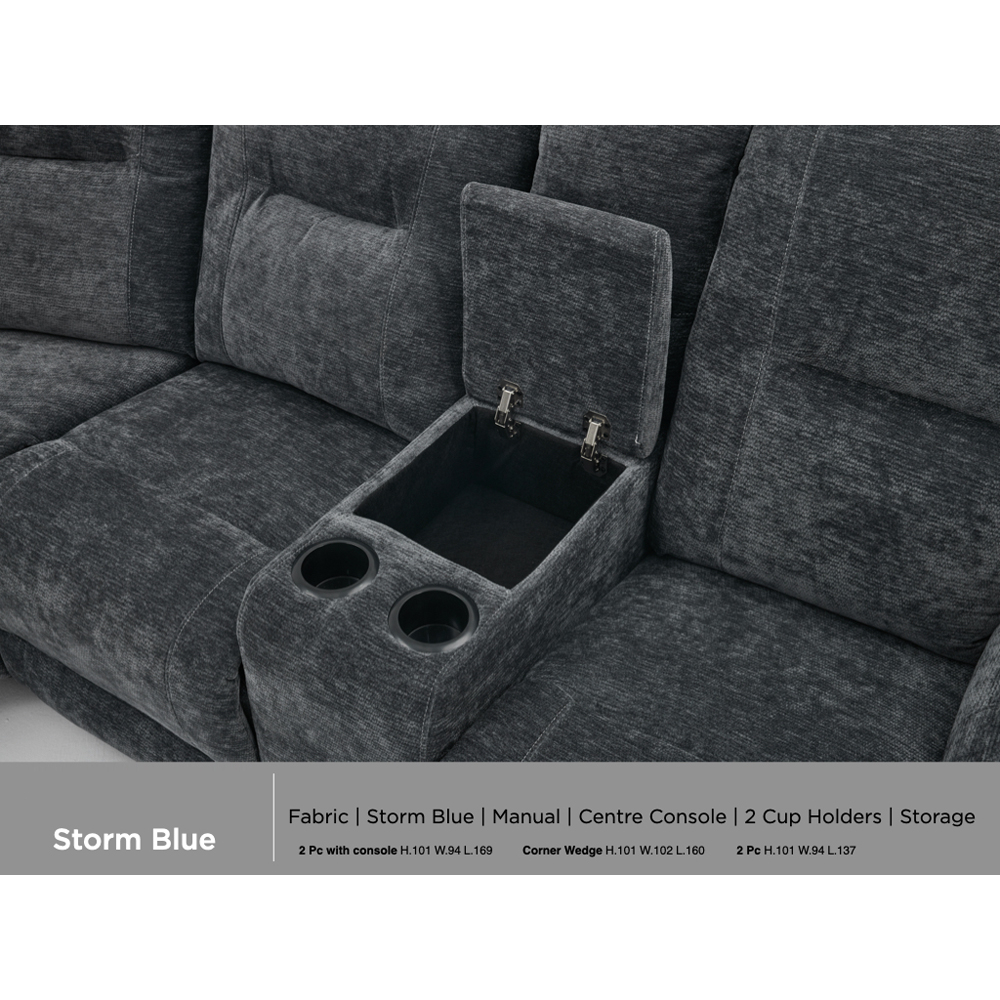 Cirelan Plush Fabric Manual Recliner Corner Sofa in Storm Blue
