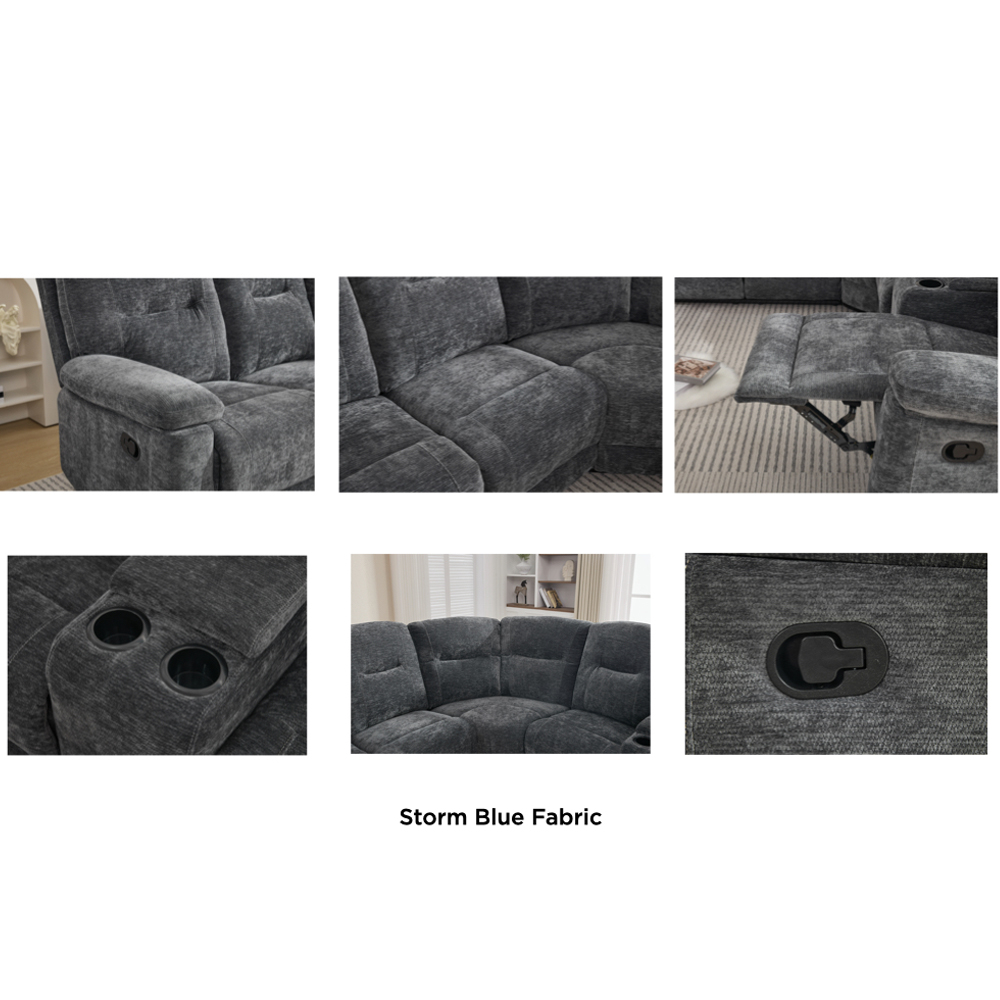 Cirelan Plush Fabric Manual Recliner Corner Sofa in Storm Blue