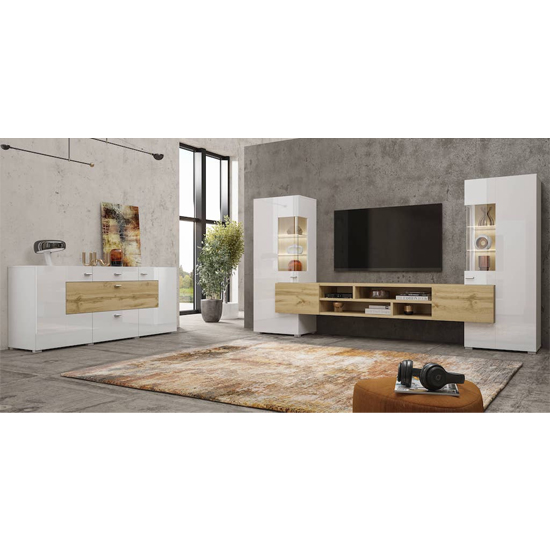 Citrus High Gloss Entertainment Unit In White And Wotan Oak