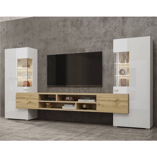 Product photograph of Citrus High Gloss Entertainment Unit In White And Wotan Oak from Furniture in Fashion