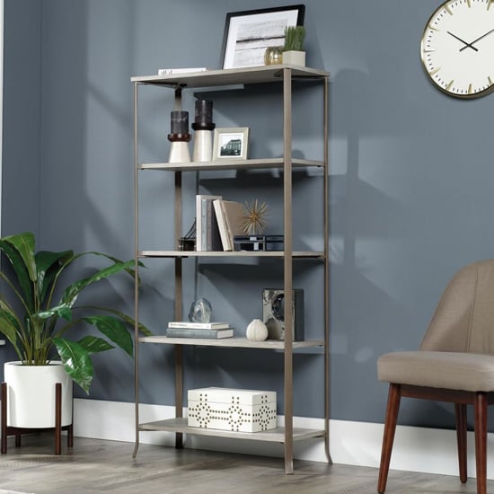 Photo of City centre wooden bookcase with 5 shelves in champagne oak