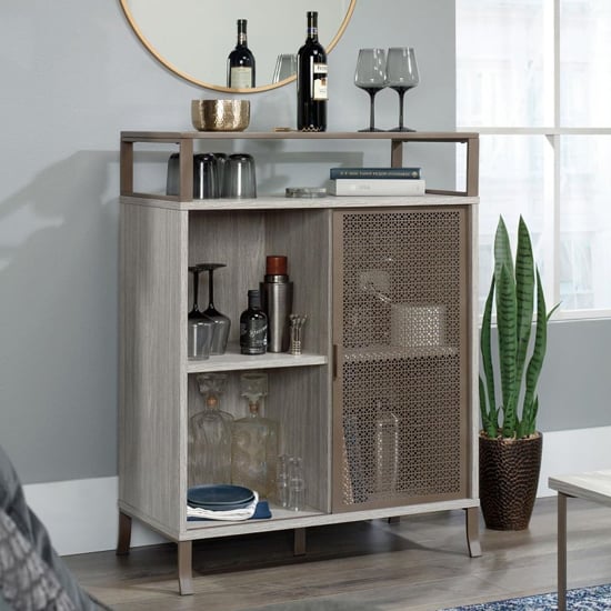 Photo of City centre wooden storage cabinet in champagne oak