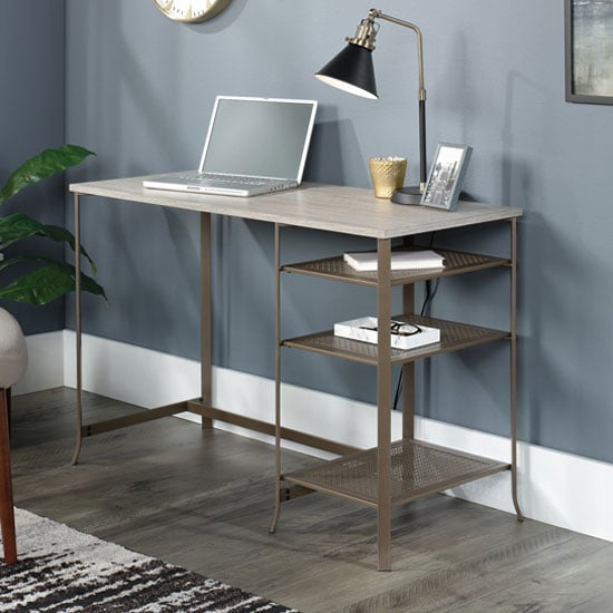 Photo of City centre wooden laptop desk in champagne oak with metal frame