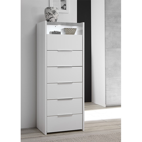 Read more about Civic led narrow chest of drawers matt white and cement effect