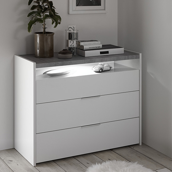 Read more about Civic led wide chest of drawers matt white and cement effect