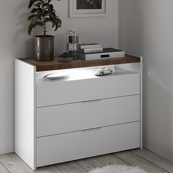 Civic LED Wide Chest Of Drawers Matt White And Dark Walnut