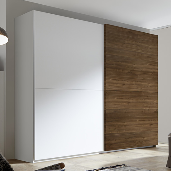 Read more about Civic slide door tall wardrobe in matt white and dark walnut