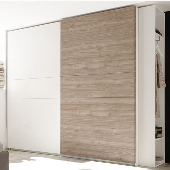 Read more about Civic tall slide door wardrobe in matt white and stelvio walnut
