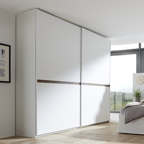 Read more about Civics slide door wardrobe in matt white and dark walnut