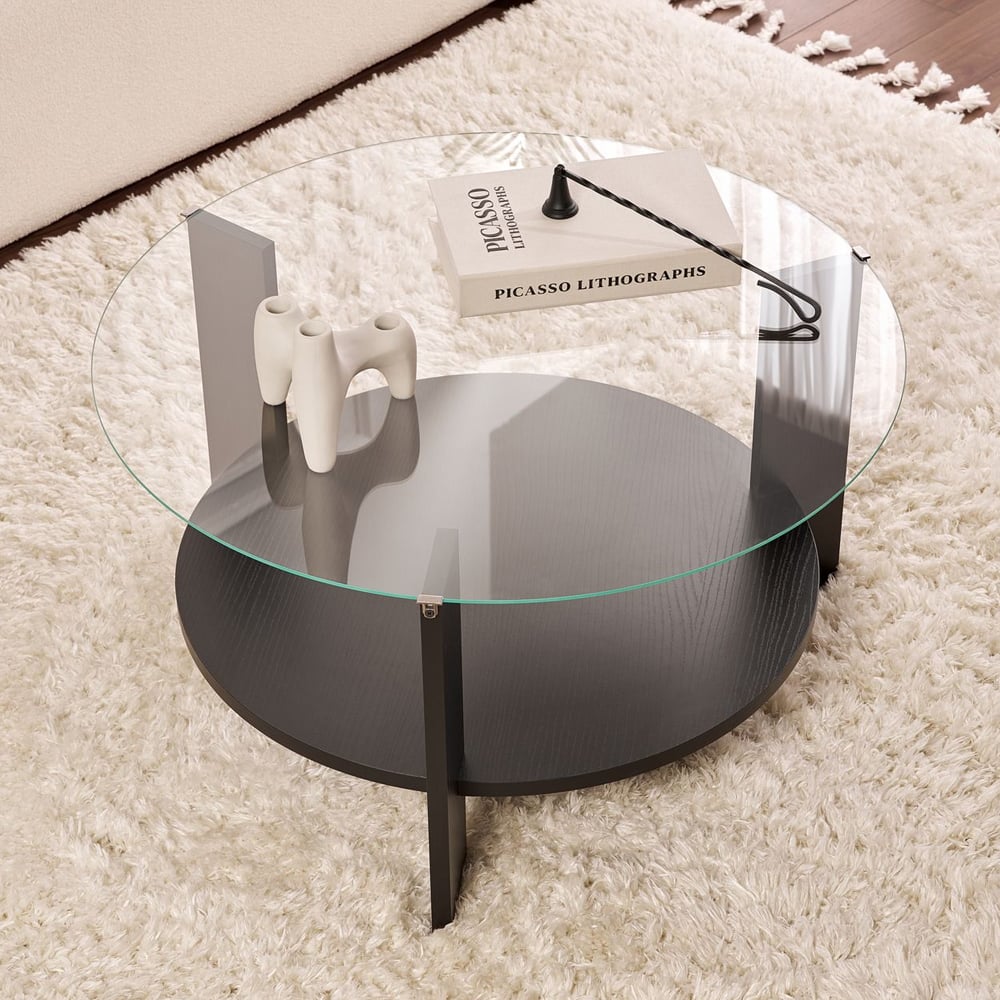 Clarae Clear Tempered Glass Coffee Table with Black Wooden Base
