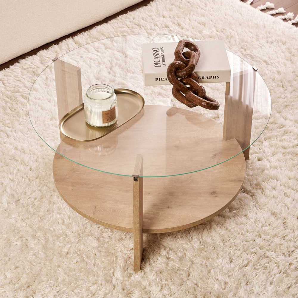 Clarae Clear Tempered Glass Coffee Table with Sapphire Oak Wooden Base