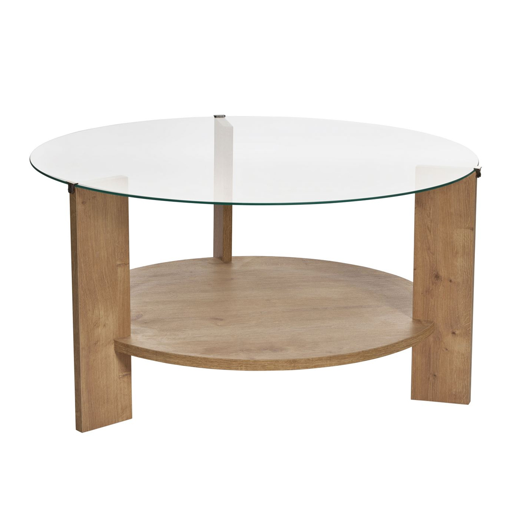 Clarae Clear Tempered Glass Coffee Table with Sapphire Oak Wooden Base