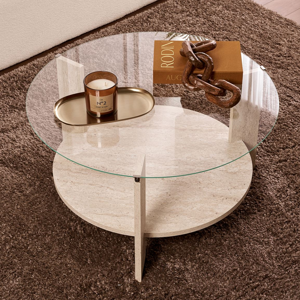 Clarae Clear Tempered Glass Coffee Table with Travertine Marble Effect