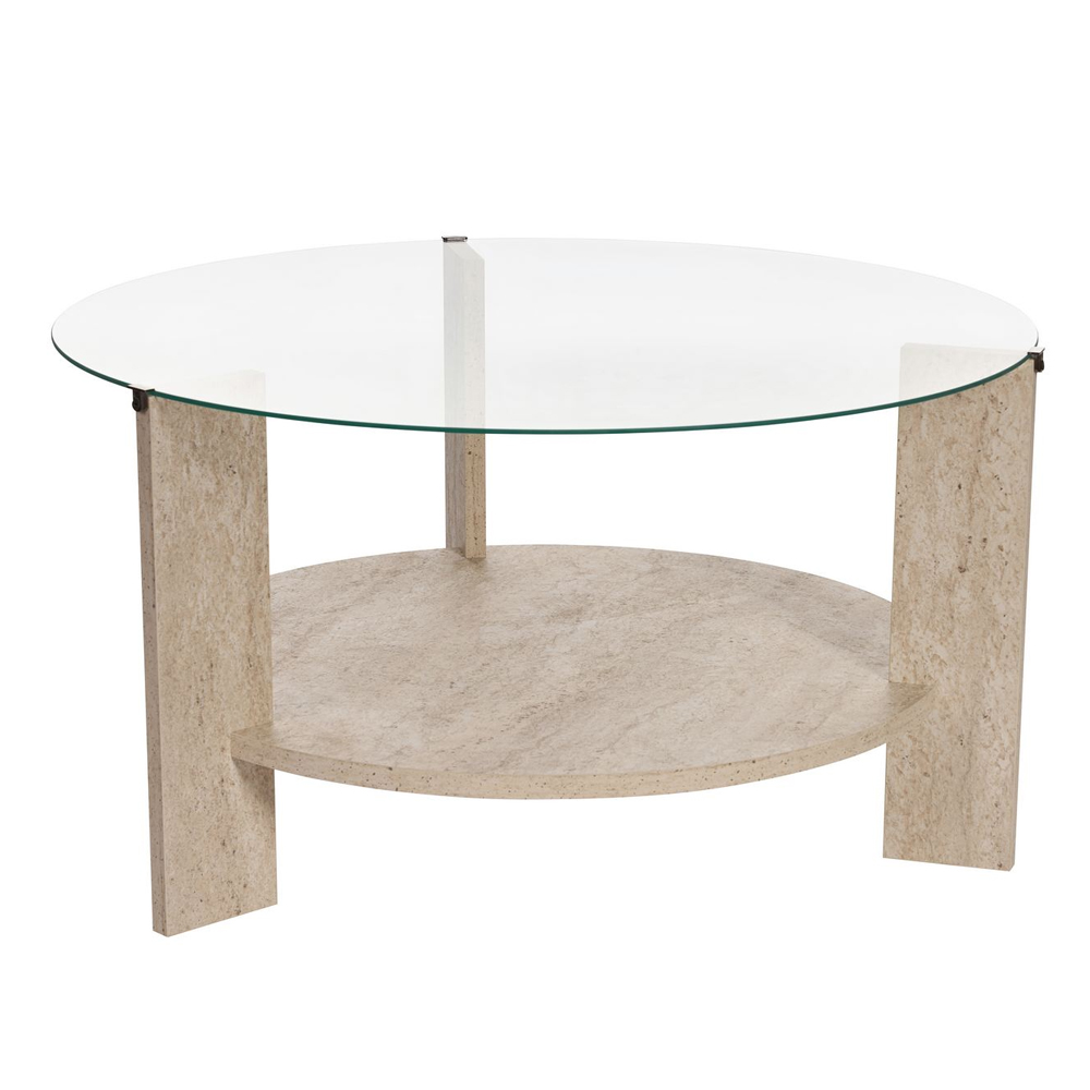 Clarae Clear Tempered Glass Coffee Table with Travertine Marble Effect
