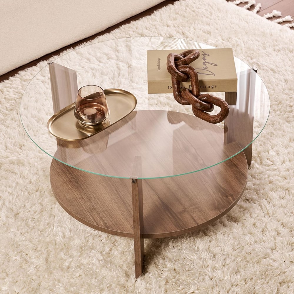 Clarae Clear Tempered Glass Coffee Table with Walnut Wooden Base