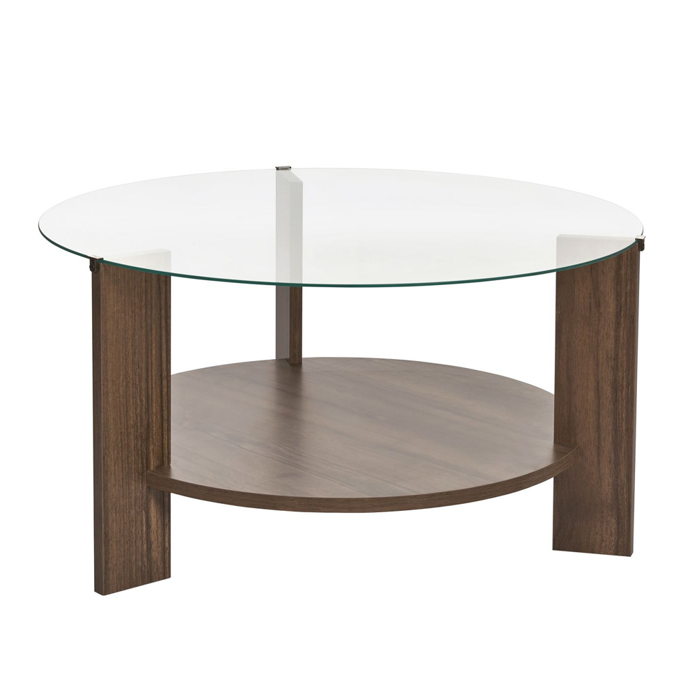 Clarae Clear Tempered Glass Coffee Table with Walnut Wooden Base
