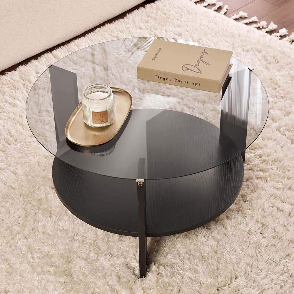 Clarae Fume Tempered Glass Coffee Table with Black Wooden Base