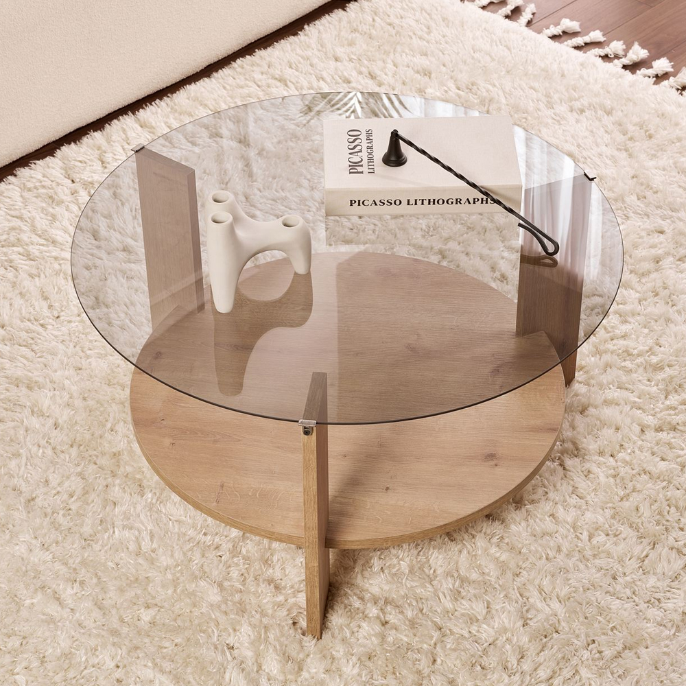 Clarae Fume Tempered Glass Coffee Table with Sapphire Oak Wooden Base