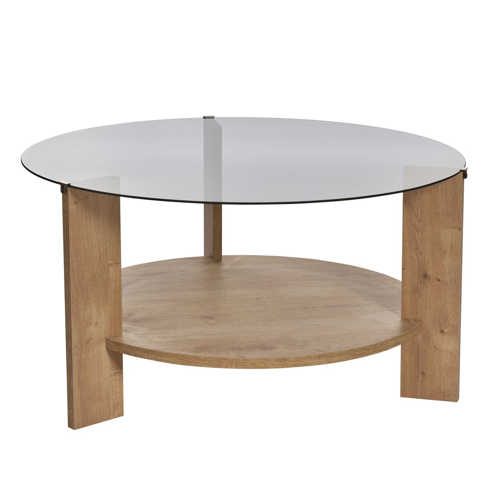 Clarae Fume Tempered Glass Coffee Table with Sapphire Oak Wooden Base