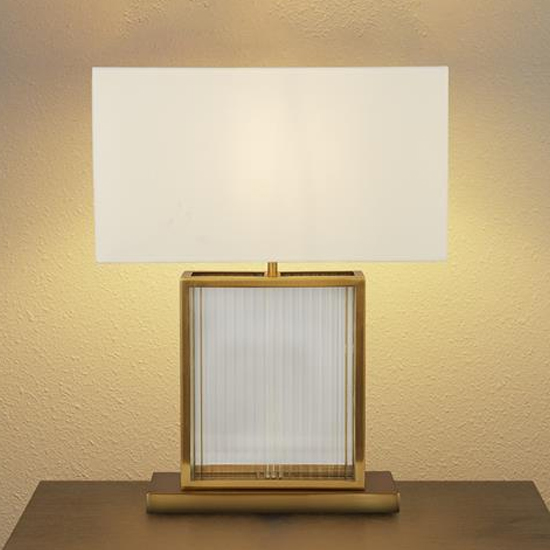 Read more about Clarendon off white velvet shade table lamp in satin brass
