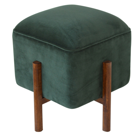 Clarkia Velvet Footstool In Emerald Green With Solid Wood Legs