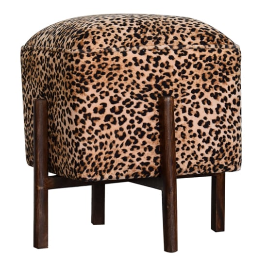Product photograph of Clarkia Velvet Footstool In Leopard Print With Solid Wood Legs from Furniture in Fashion
