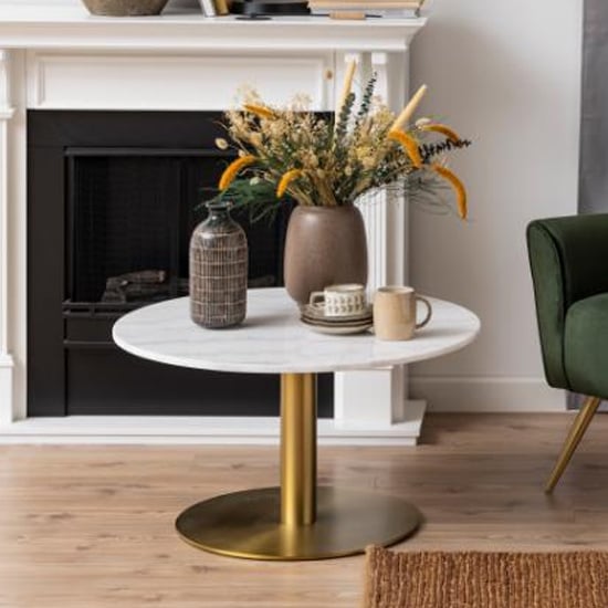 Photo of Clarkston marble coffee table with brass base in white